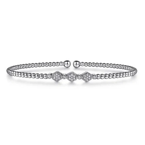 Unique Gold Bangles-14K White Gold Bujukan Bead and Hexagon 0.13cttw Cluster Diamond Bangle