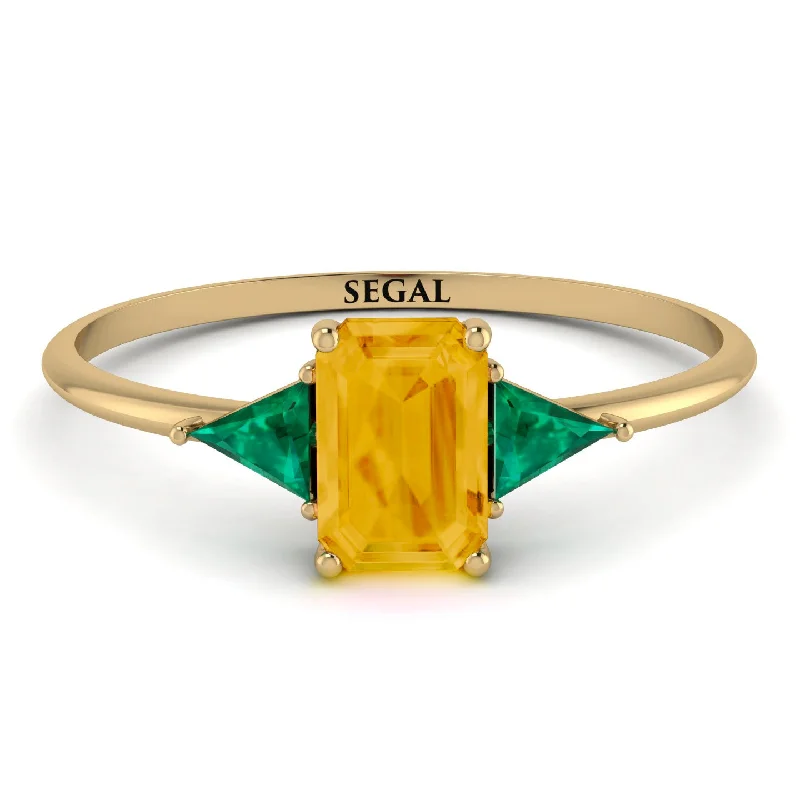 Gold Wedding Band Set-Emerald Cut Citrine With Triangles Ring - Remi No. 604