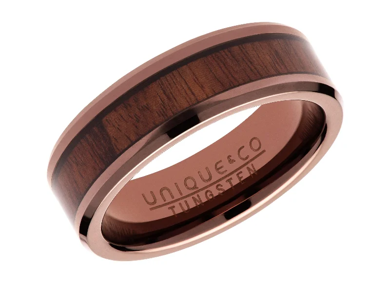 Custom Initial Ring-Unique & Co 7mm Tungsten Carbide Ring with Wood and Brown IP Plating