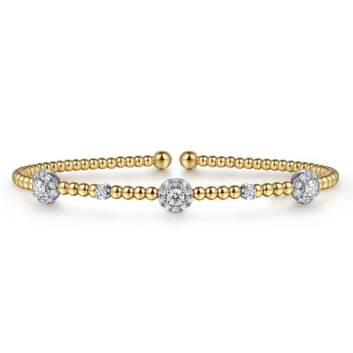 Personalized Silver Bangle-14K White-Yellow Gold Bujukan Diamond Cluster Stations Bangle