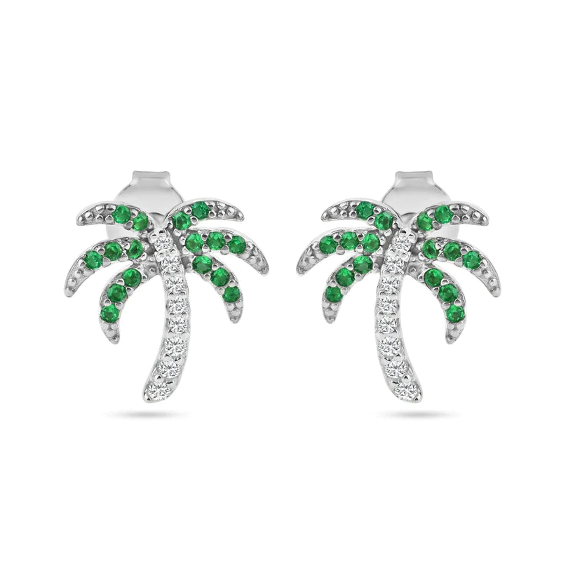 Long Gold Earrings-Silver 925 Rhodium Plated PalmTree Clear, Green and Black CZ Stud Earrings