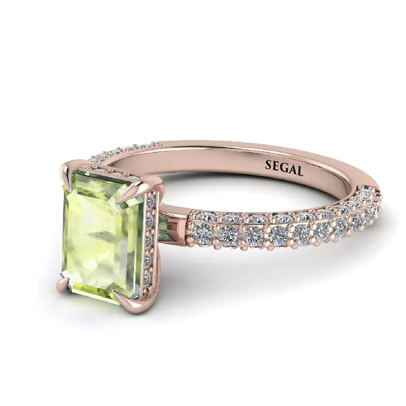 Personalized Promise Ring-Hidden Halo Emerald Cut Peridot Engagement Ring - Ximena No. 702