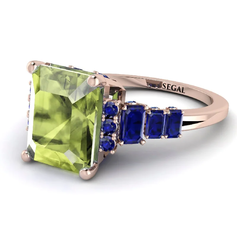 Diamond Solitaire Ring-Emerald Cut Peridot Ring Hidden Round Diamonds - Sawyer No. 714