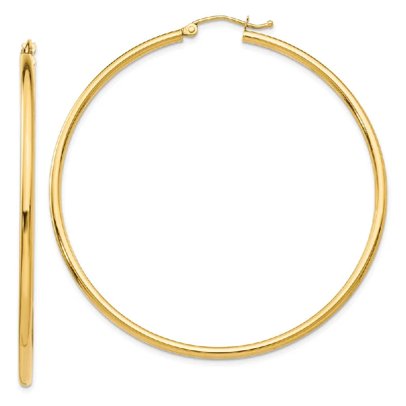 Handcrafted Hoop Earrings-2mm, 14k Yellow Gold Classic Round Hoop Earrings, 55mm (2 1/8 Inch)