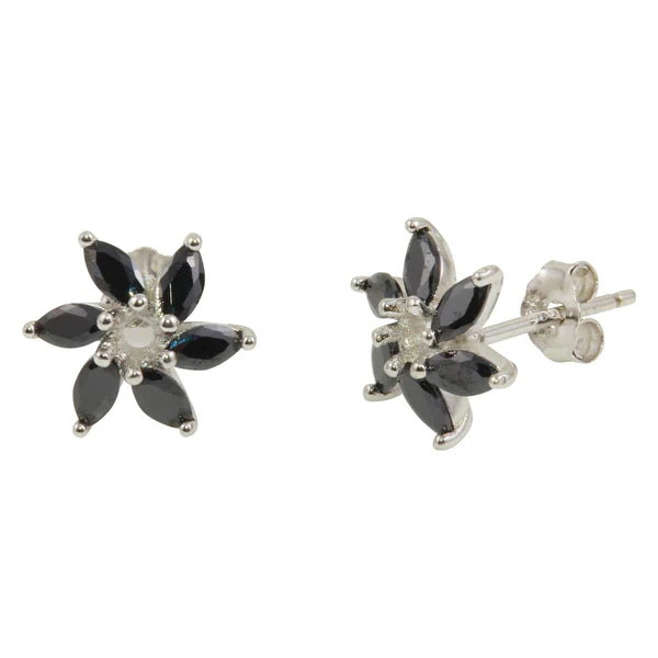 Beaded Drop Earrings-Sterling Silver 925 Rhodium Plated Black 6 Petal Flower Stud Earrings