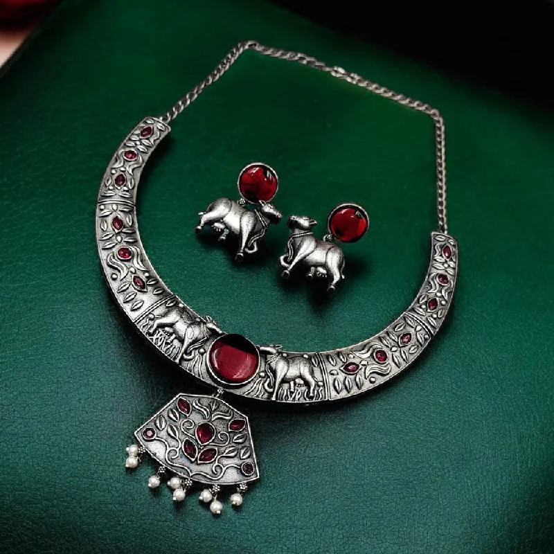 Unique Charm Necklace-Maharani Jewels Oxidised Plated Pota Stone Necklace Set