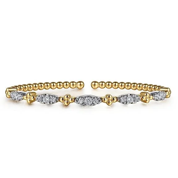 Round Gold Bangles-14K White Yellow Gold Bujukan Beads and Diamond Station Split Bangle Bracelet