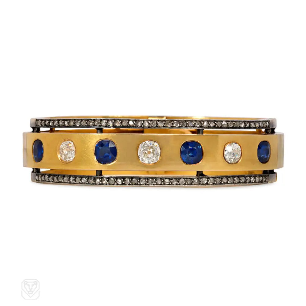 Custom Gold Bangles for Brides-Antique sapphire and diamond bangle, French import