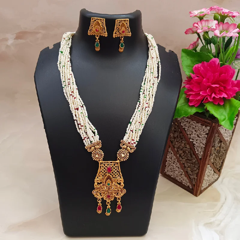 Statement Necklace for Weddings-Darshana Jewels Gold Plated Pota And Pearl Long Necklace Set