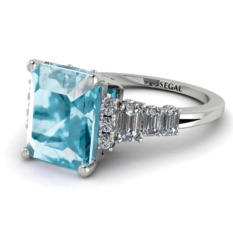 Custom Diamond Wedding Ring-Emerald Cut Aquamarine Ring Hidden Round Diamonds - Sawyer No. 403