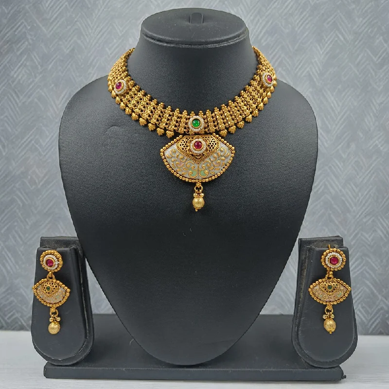 Chunky Gold Necklace-Gehana Mahal Copper Gold Pota Stone Choker Necklace Set