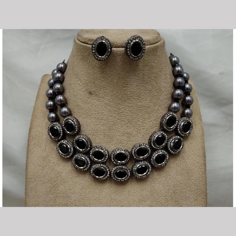 Classy Silver Necklace-FS Collection Oxidised Plated Crystal Stone Necklace Set