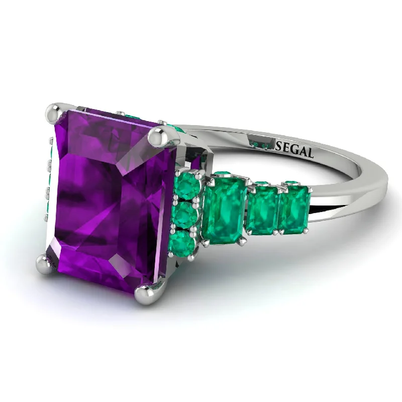 Trendy Silver Ring-Emerald Cut Amethyst Ring Hidden Round Diamonds - Sawyer No. 306