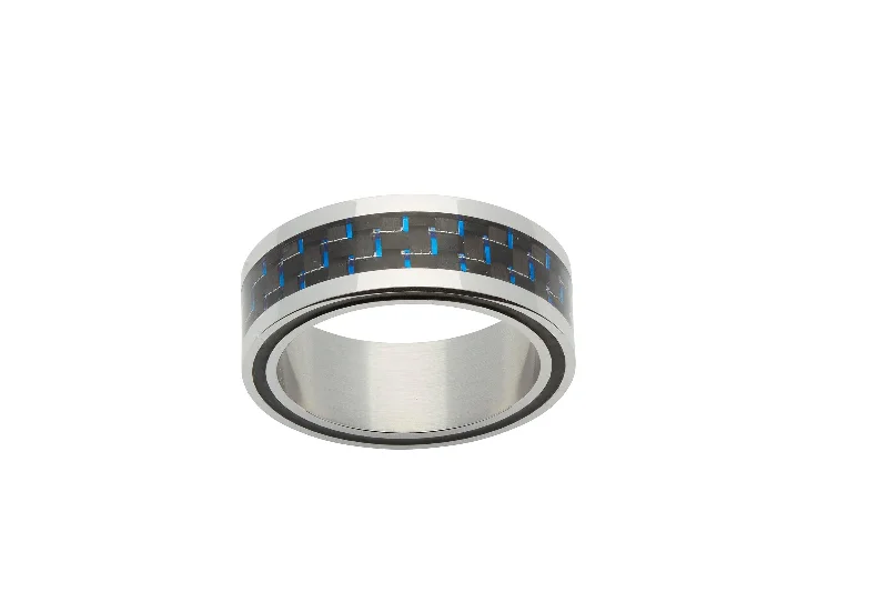 Modern Cocktail Ring-Unique & Co Blue Carbon Fibre and Steel Ring