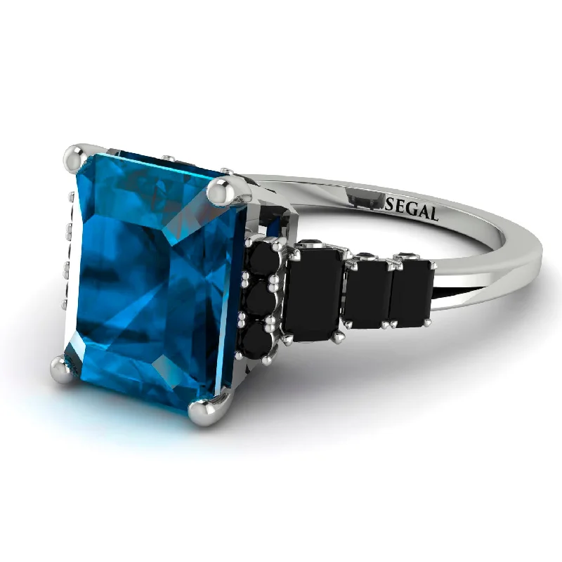 Elegant Sapphire Ring-Emerald Cut Blue Topaz Ring Hidden Round Diamonds - Sawyer No. 509