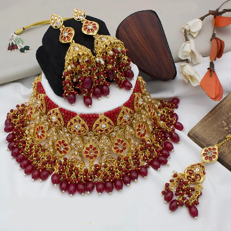 Elegant Pearl Drop Necklace-India Art Gold Plated  Kundan Stone And Beads Meenakari Choker Necklace Set