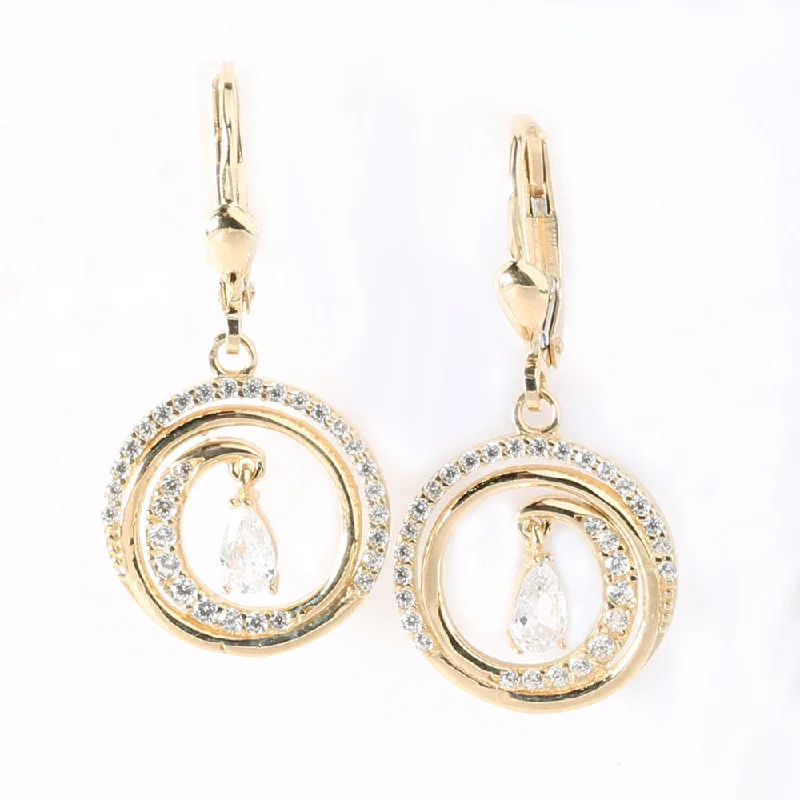 Chic Drop Earrings-14K Yellow Gold Wave in Paved CZ Inlaid Circle Lever Back Earrings