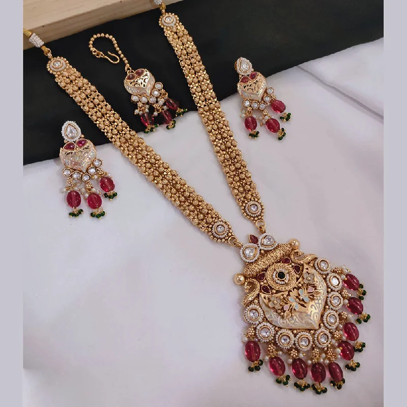 Simple Diamond Necklace-Akruti Collection Gold Plated Kundan Stone And Pearls Meenakari Long Necklace Set