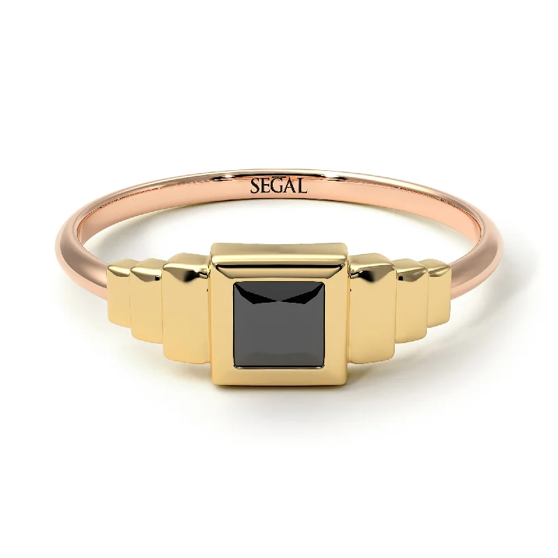 Custom Initial Ring-Two Tones Geometric Princess Cut Black Diamond Ring - Everleigh No. 19