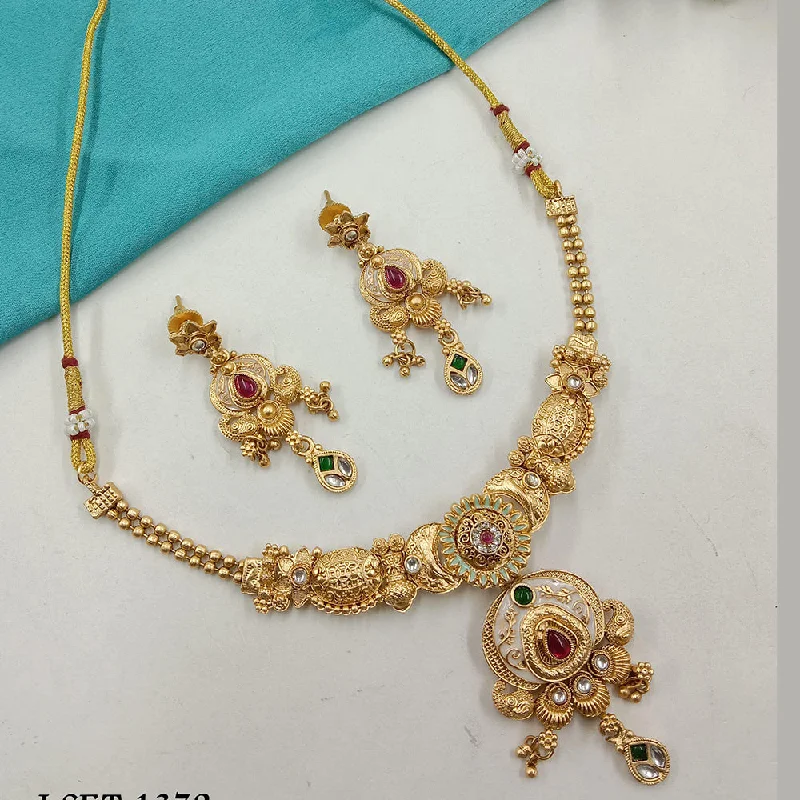 Classic Pendant Necklace-SP Jewellery Gold Plated Pota Stone Meenakari Necklace Set