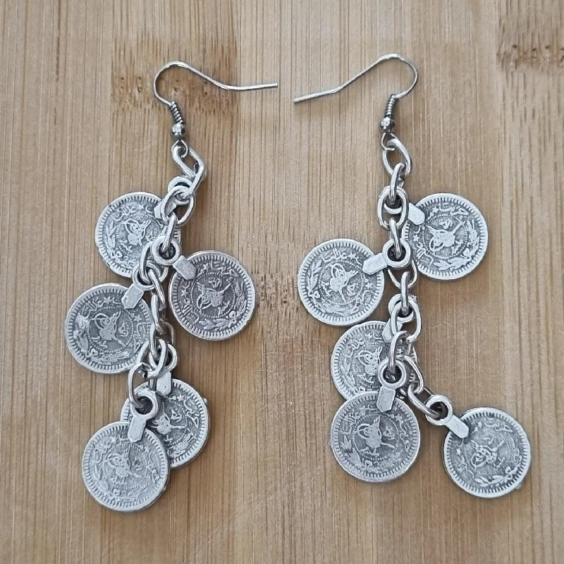 Handcrafted Sterling Earrings-Anatolian Boho Chandelier Earrings - "Turkish Coins"