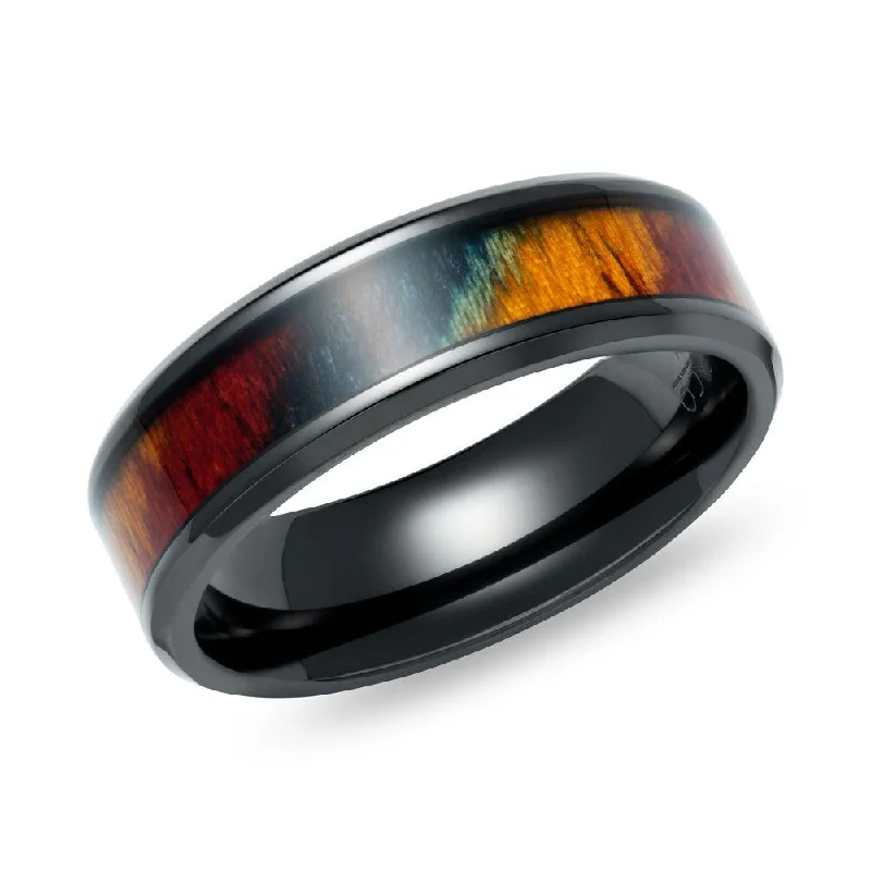 Large Statement Ring-Unique & Co Multicoloured Wood Inlay Black Zirconium Ring