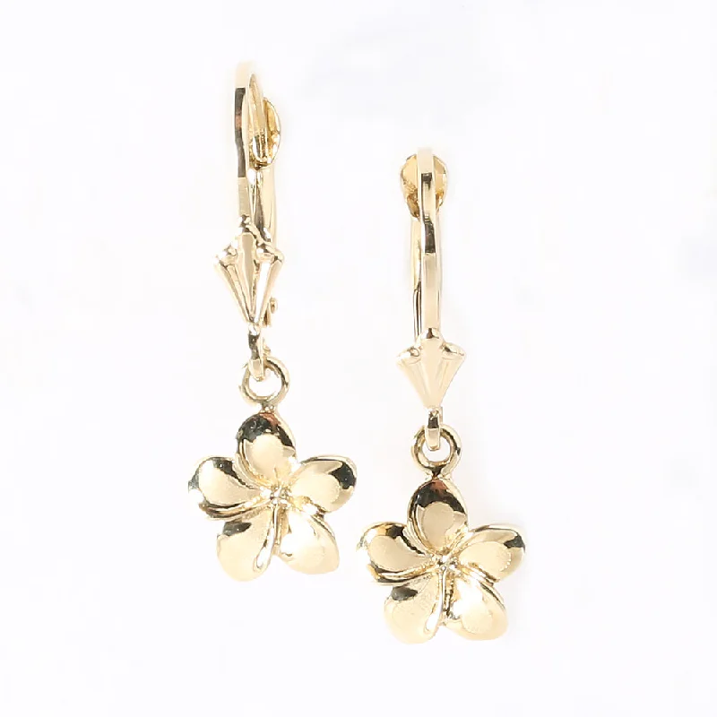 Silver Stud Earrings-14K Yellow Gold Plumeria Lever Back Earrings (8.5mm-15.5mm)