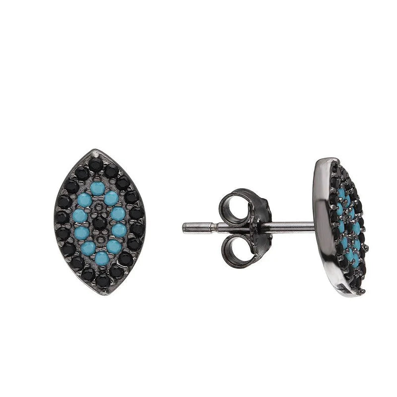 Hoop Earrings with Diamonds-Black Rhodium Plated 925 Sterling Silver Evil Eye Earrings with Black CZ and Turquoise Stones