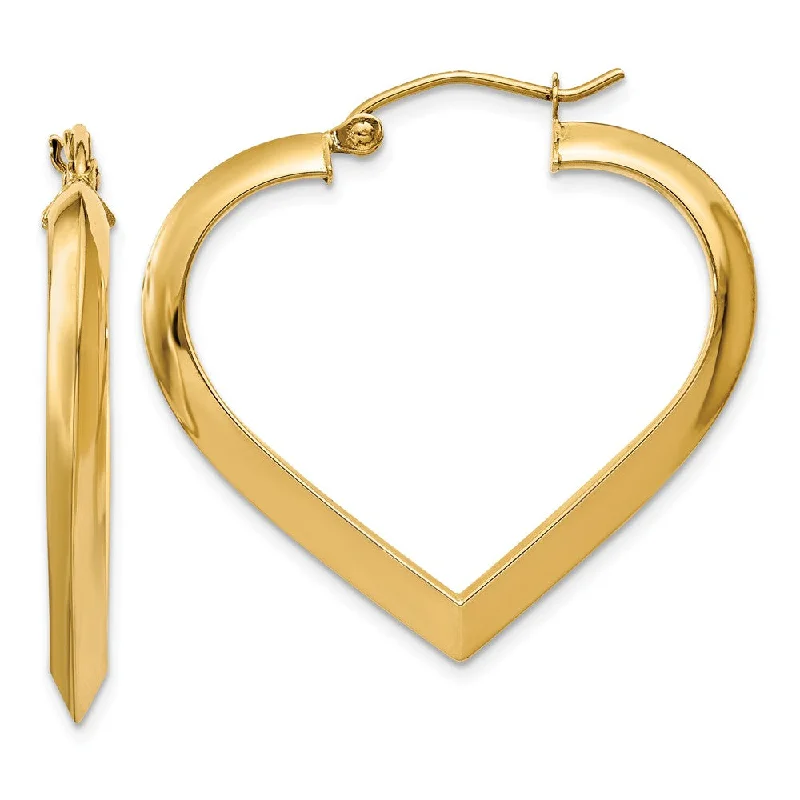 Fashionable Chain Earrings-3mm x 28mm Polished 14k Yellow Gold Knife Edge Heart Hoop Earrings