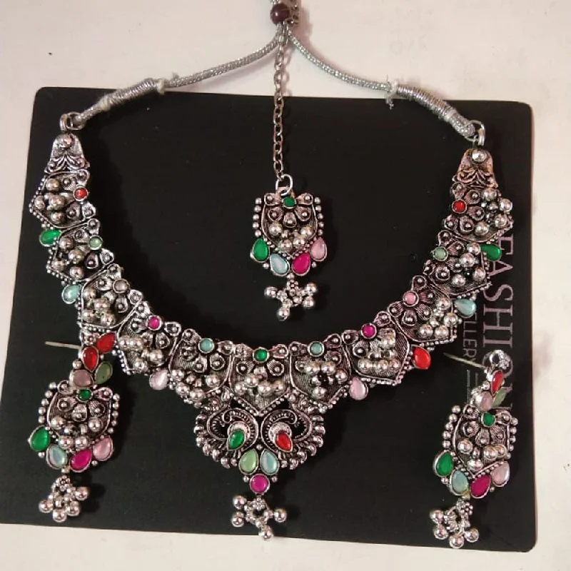 Cute Heart Pendant Necklace-Sanjana Jewels Oxidised Plated Kundan Stone Necklace Set