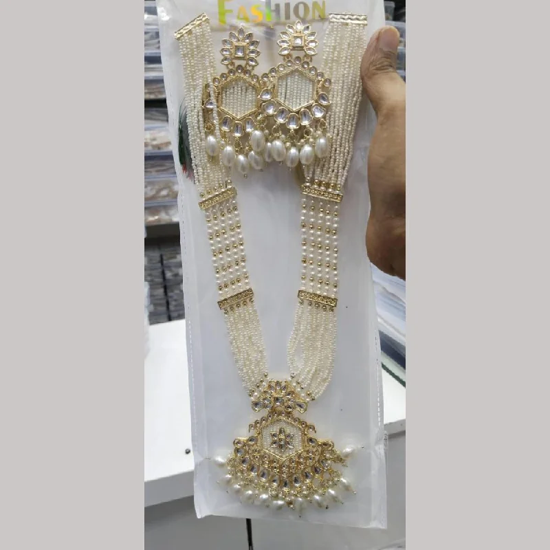 Custom Gold Pendant Necklace-Manisha Jewellery Gold Plated Kundan Stone And Pearls Long Necklace Set