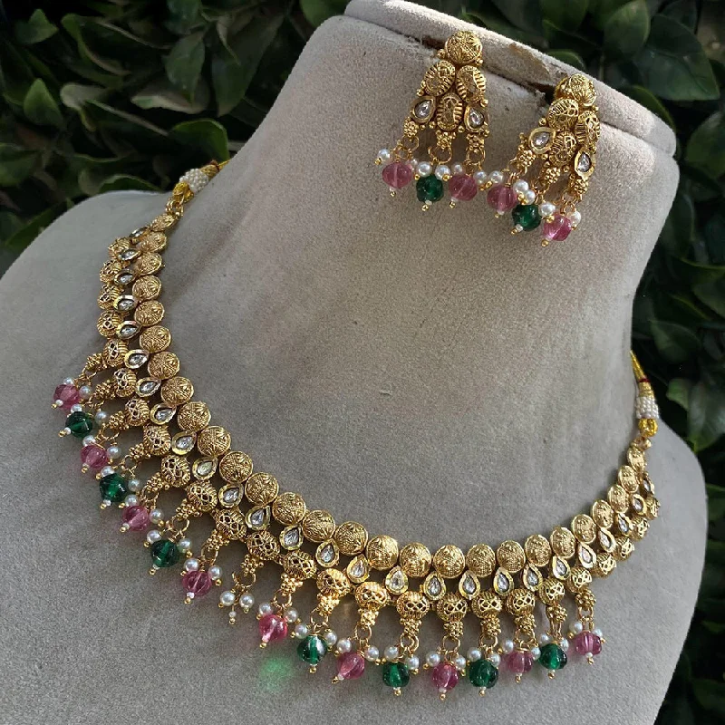 Beaded Necklace for Women-Royal Kundan Jewellery Gold Plated Kundan Stone And Beads Necklace Set