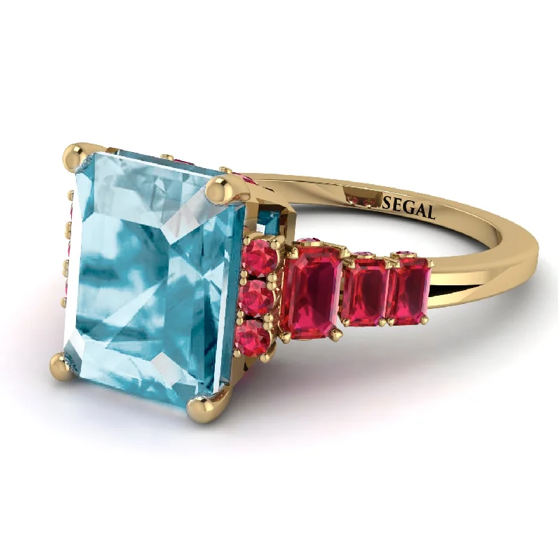 Classic Gold Ring with Diamonds-Emerald Cut Aquamarine Ring Hidden Round Diamonds - Sawyer No. 410