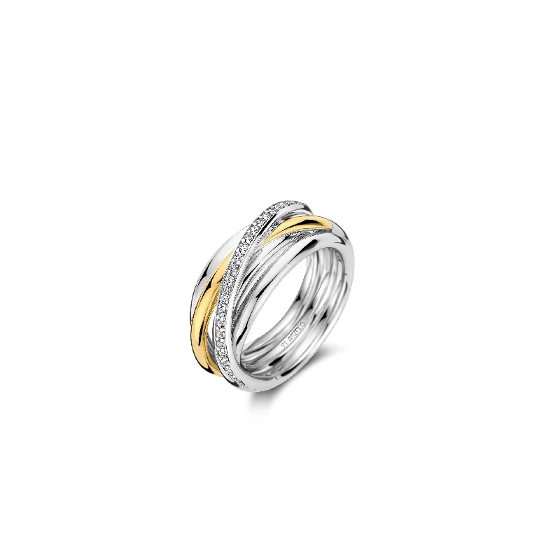 Classic Gold Band Ring-Ti Sento Gold and Silver Cubic Zirconia Intertwined Bands Ring