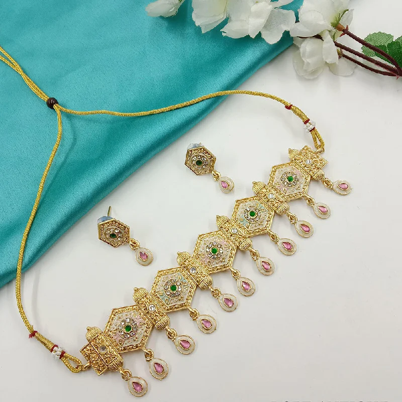 Double Layer Gold Necklace-SP Jewellery Gold Plated Pota Stone Meenakari Choker Necklace Set