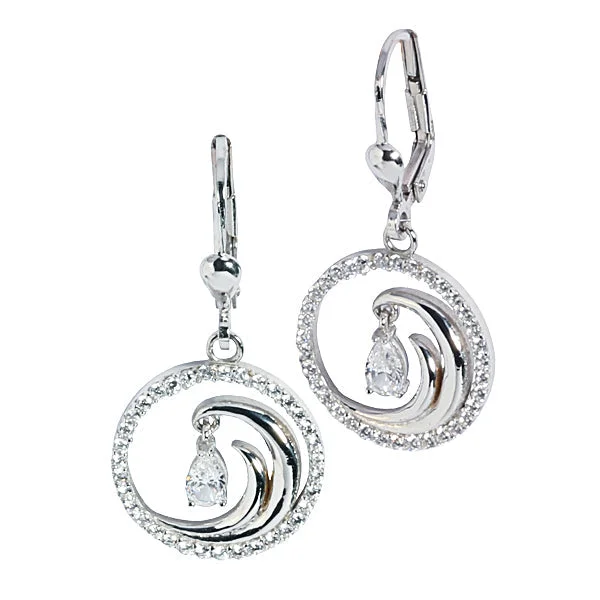 Designer Silver Earrings-14K White Gold Wave in Paved CZ inlaid Circle Lever Back Earrings