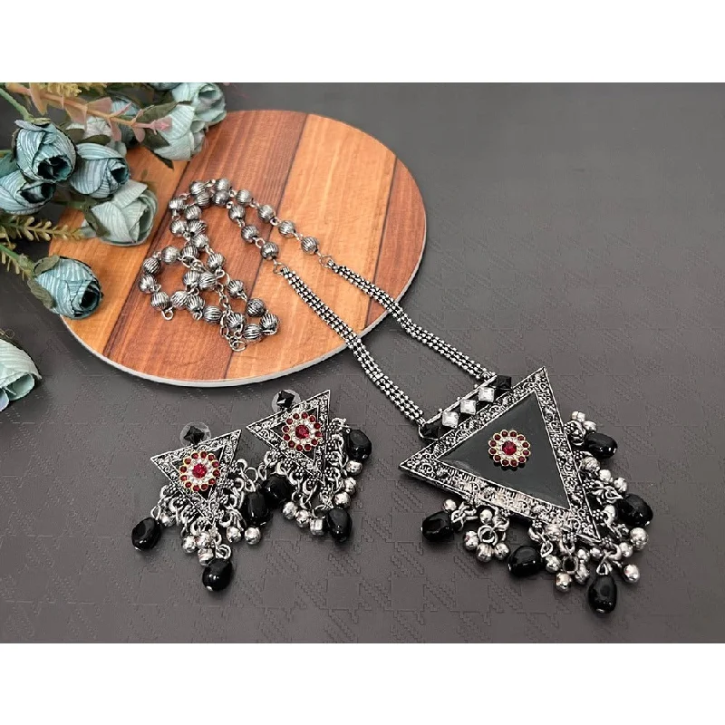 Name Necklace for Mom-Akruti Collection Oxidised Plated Austrian Stone Long Necklace Set