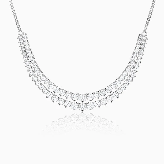 Bold Crystal Necklace-Silver Sparkling Solitaire Layered Necklace