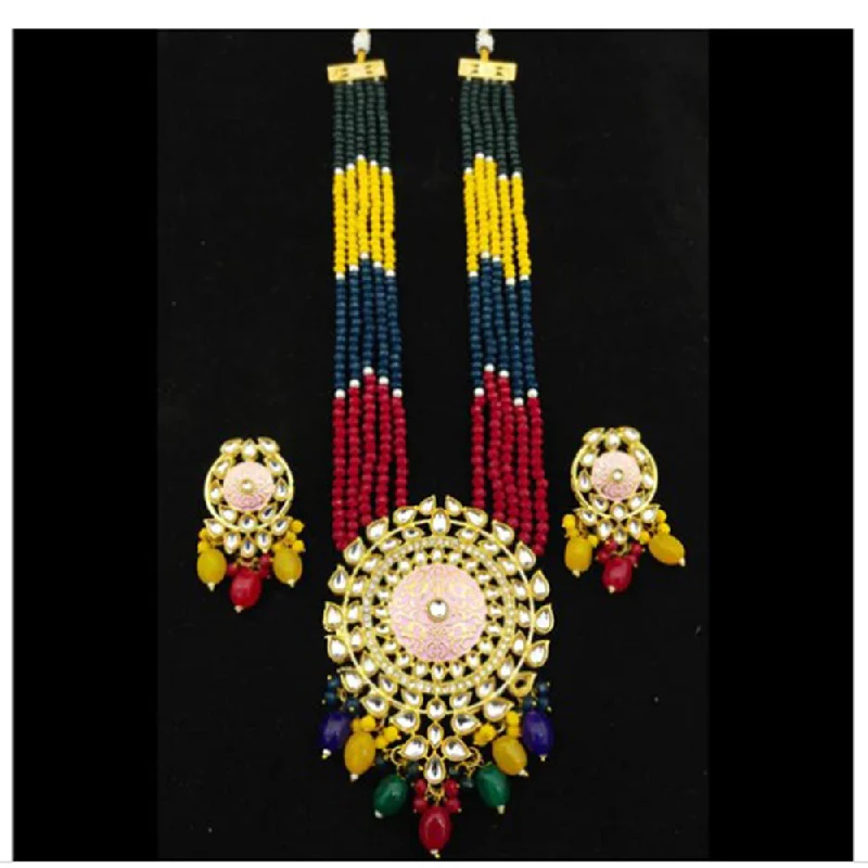 Elegant Pearl Drop Necklace-Darshana Jewels Gold Plated Kundan Stone & Beads Long Necklace Set