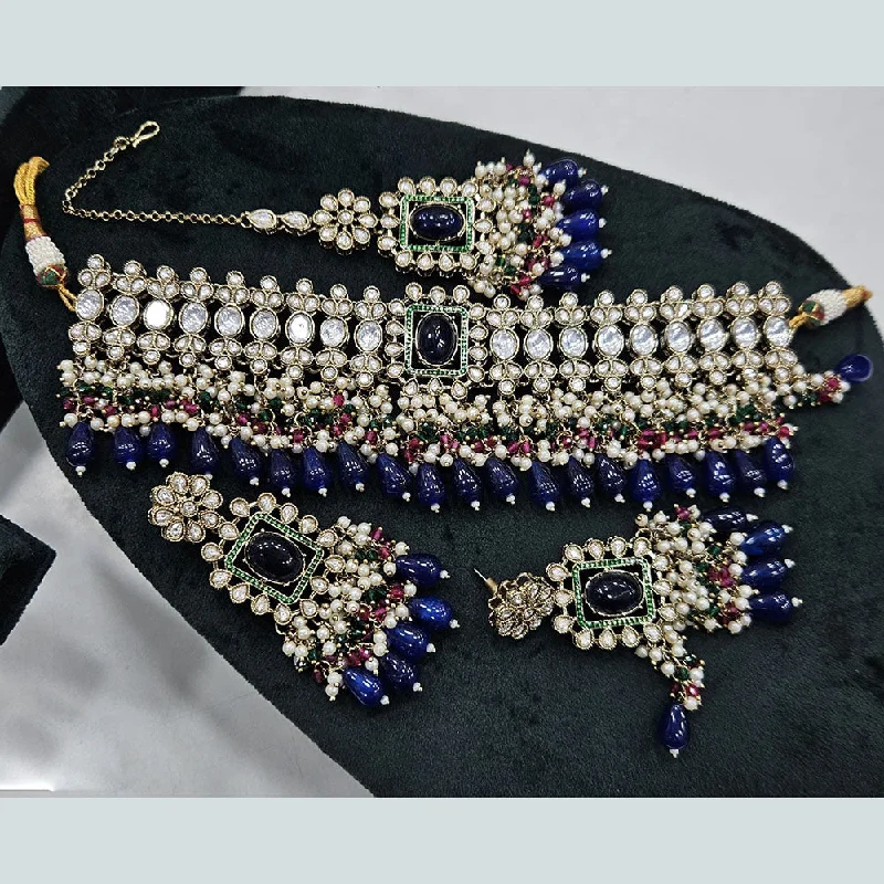 Handcrafted Pendant Necklace-Rajwadi Collection Gold Plated Polki Kundan Stone And Pearls Choker Necklace Set