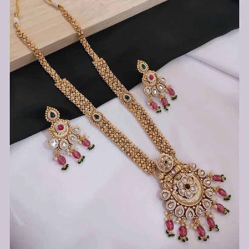 Handcrafted Pendant Necklace-Akruti Collection Gold Plated Kundan Stone And Pearls Long Necklace Set