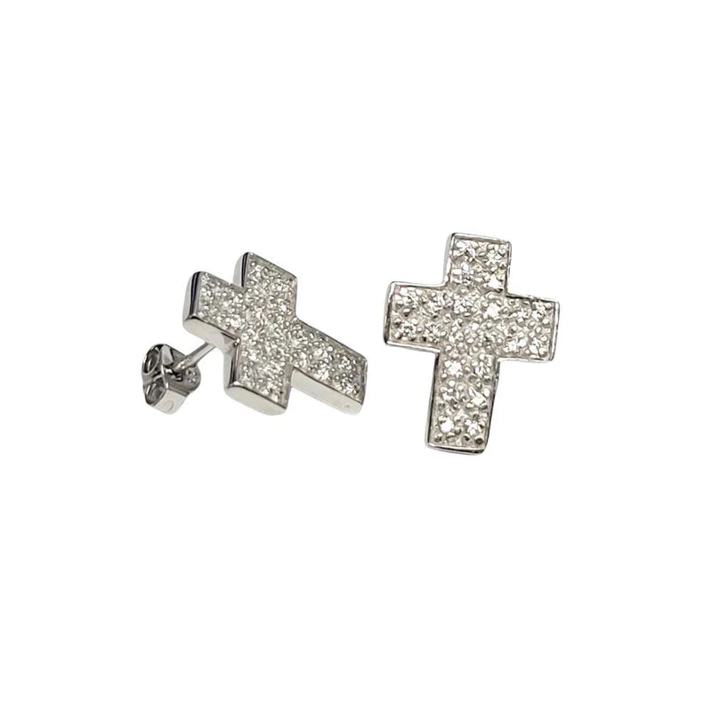 Heart Shaped Stud Earrings-Silver 925 Rhodium Plated Cross Micro Pave Clear CZ Stud Earrings