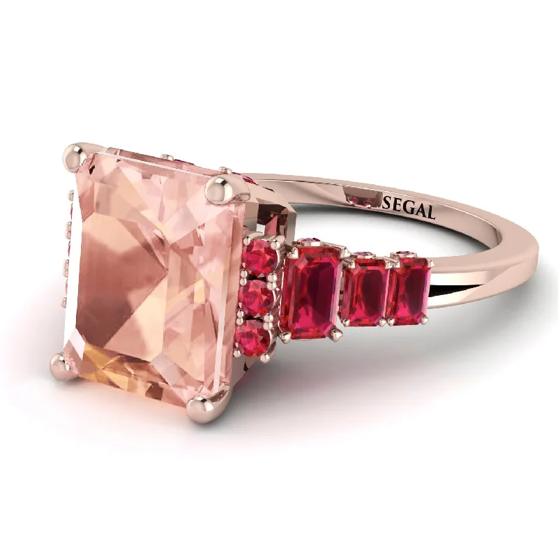 Wedding Ring Set with Diamonds-Emerald Cut Morganite Ring Hidden Round Diamonds - Sawyer No. 911