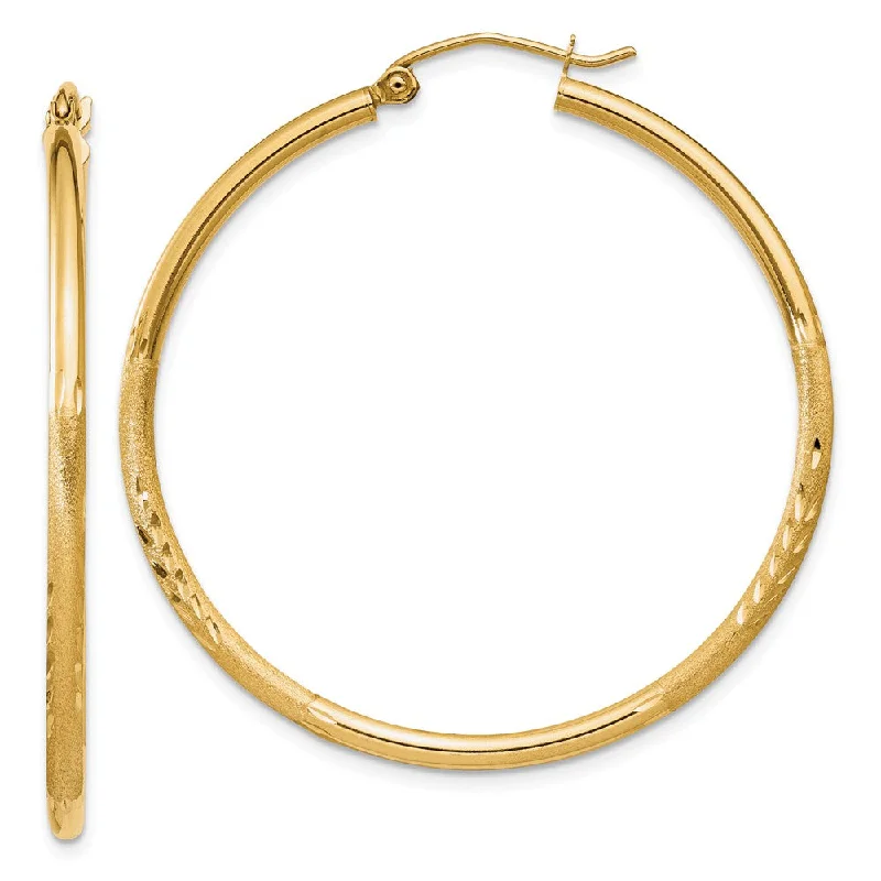 Double Hoop Earrings-2mm x 40mm 14k Yellow Gold Satin & Diamond-Cut Round Hoop Earrings