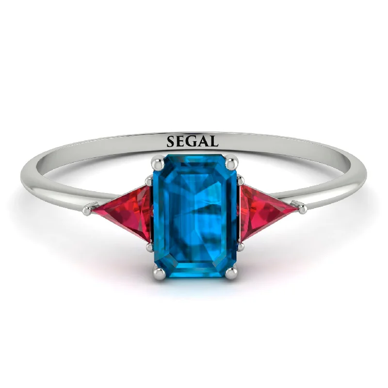 Modern Cocktail Diamond Ring-Emerald Cut Blue Topaz With Triangles Ring - Remi No. 512