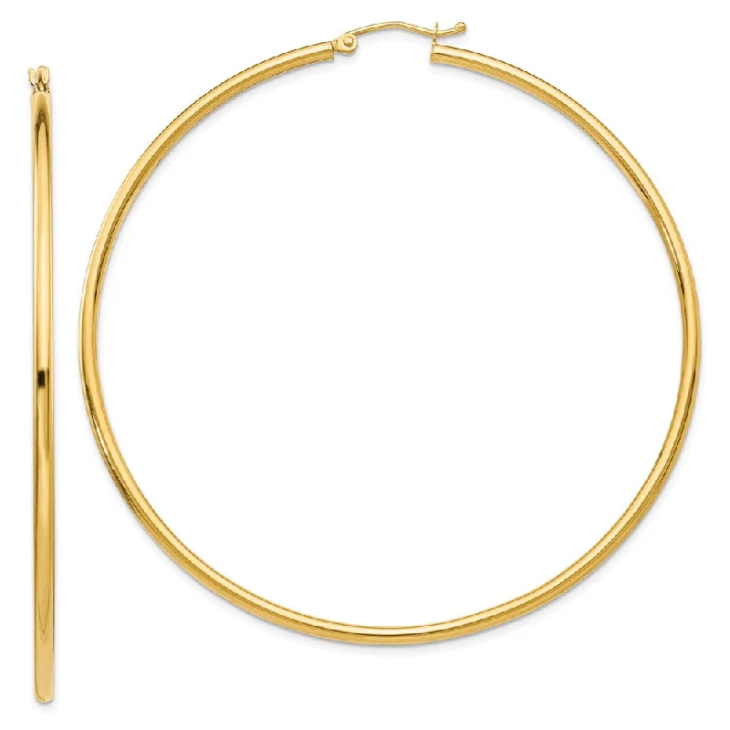 Double Hoop Earrings-2.5mm x 65mm 14k Yellow Gold Classic Round Hoop Earrings