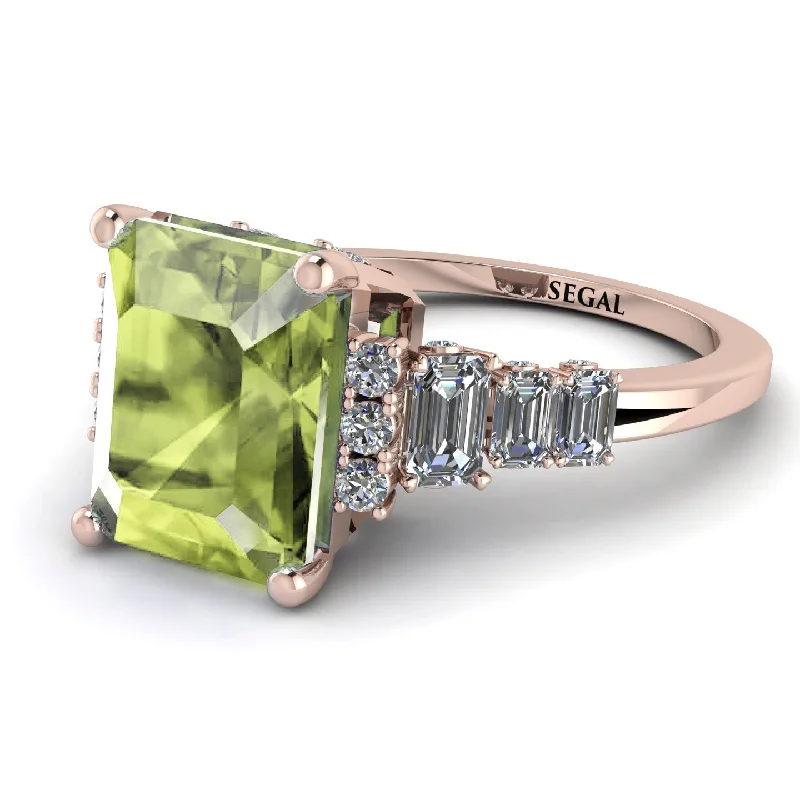 Sterling Silver Ring-Emerald Cut Peridot Ring Hidden Round Diamonds - Sawyer No. 702