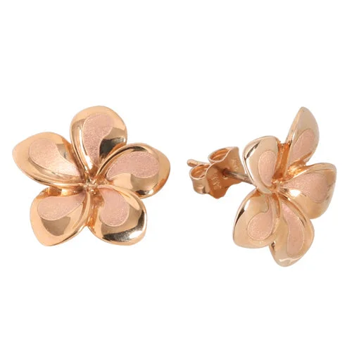 Black and Gold Earrings-14K Pink Gold Plumeria Post Earrings Sandblast Polish Edge (XS/S/M)