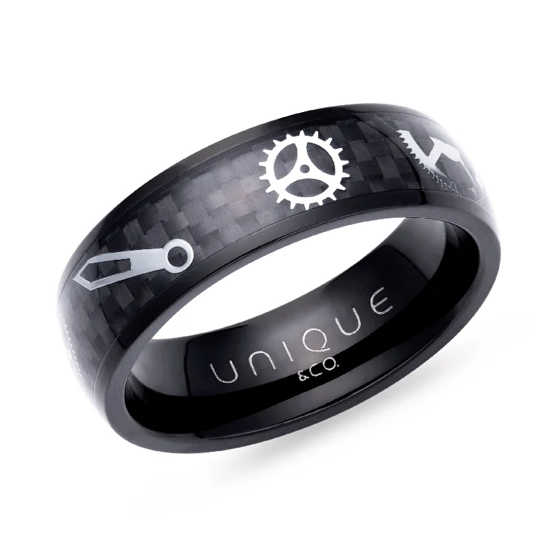 Gemstone Cocktail Ring-Unique & Co Steel Black IP And Black Carbon Fibre Ring