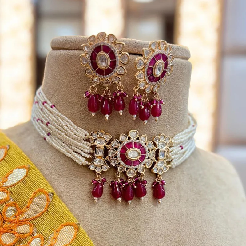 Statement Necklace for Bridesmaids-Jewel Addiction Copper Gold Plated Polki Kundan Stone Beads Choker Necklace Set